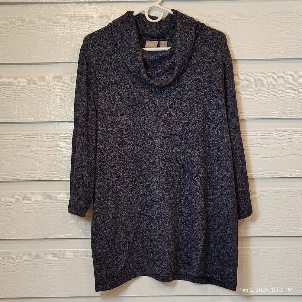 Chico’s Women’s Navy-Blue Marl 3/4‎ Sleeve Cowl Neck Sweater SZ 3 or XL POCKETS